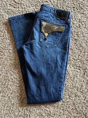 💥Robin's Jean Gold Studded Killer Flap Dark Wash Straight Leg Jeans - Size 30